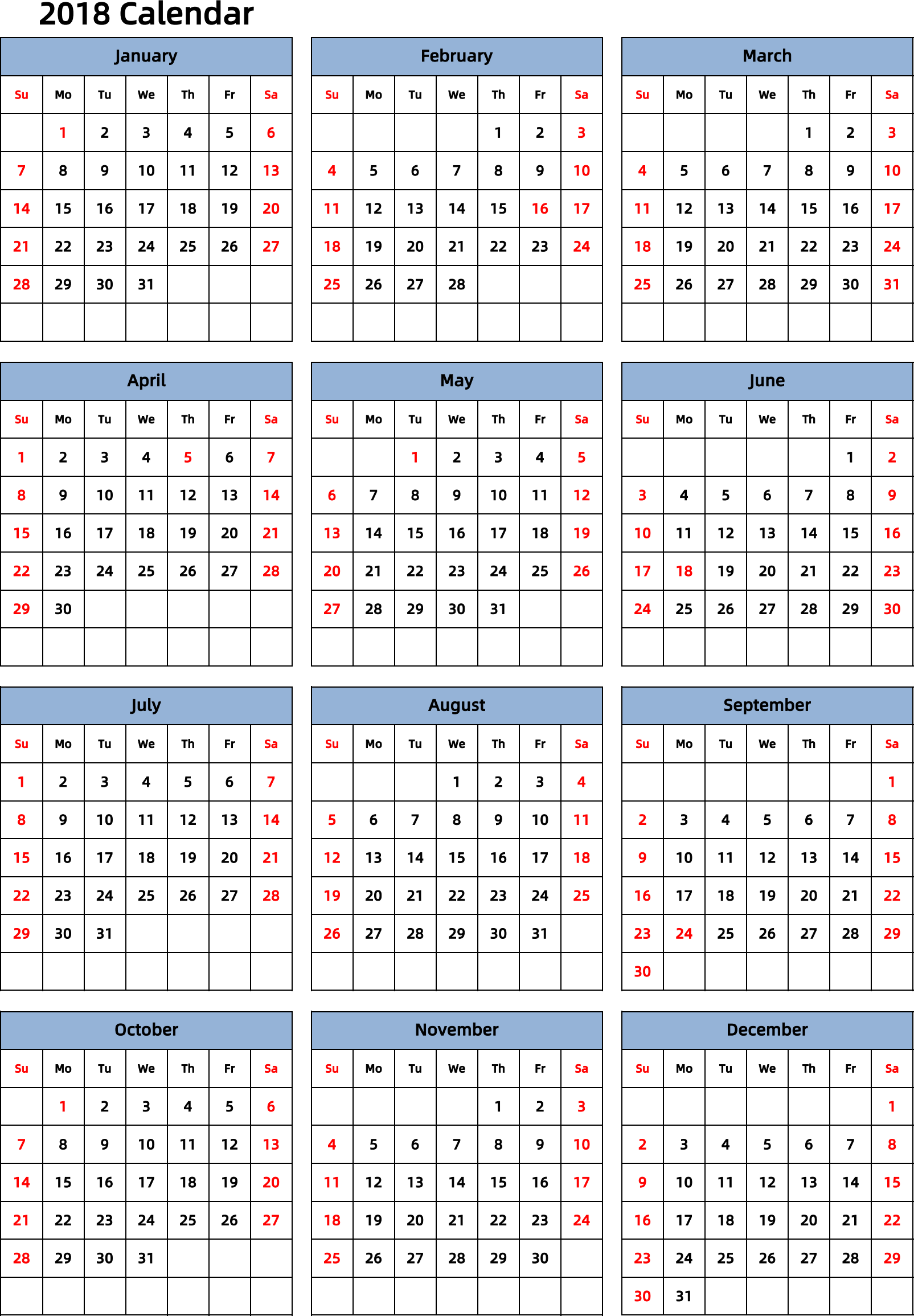 日历表2018年日历 英文版 纵向排版 周日开始 带节假日调休安排